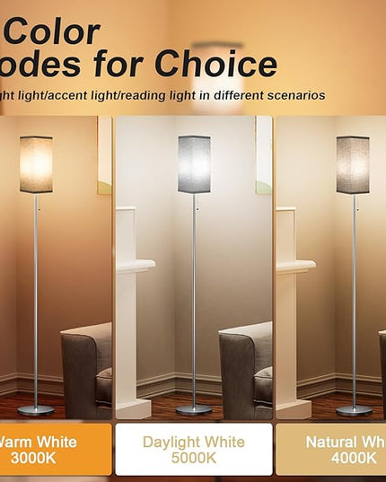 Floor Lamps for Living Room Bedroom - 3 Color Temperature Silver Standing Lamps with Pull Chain Switch, Modern Tall Lamp for Office Home Nursery, Pole Lamp with Black Lampshade for Reading - LeafyLoom