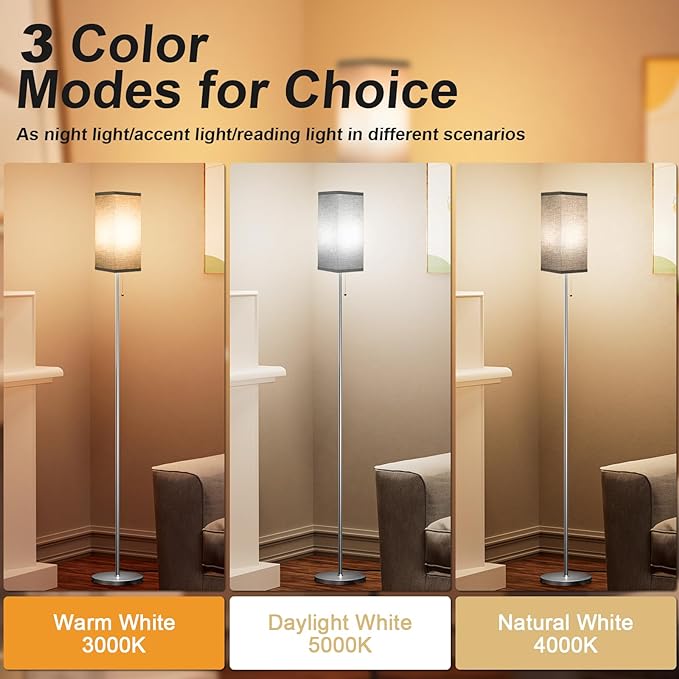 Floor Lamps for Living Room Bedroom - 3 Color Temperature Silver Standing Lamps with Pull Chain Switch, Modern Tall Lamp for Office Home Nursery, Pole Lamp with Black Lampshade for Reading - LeafyLoom