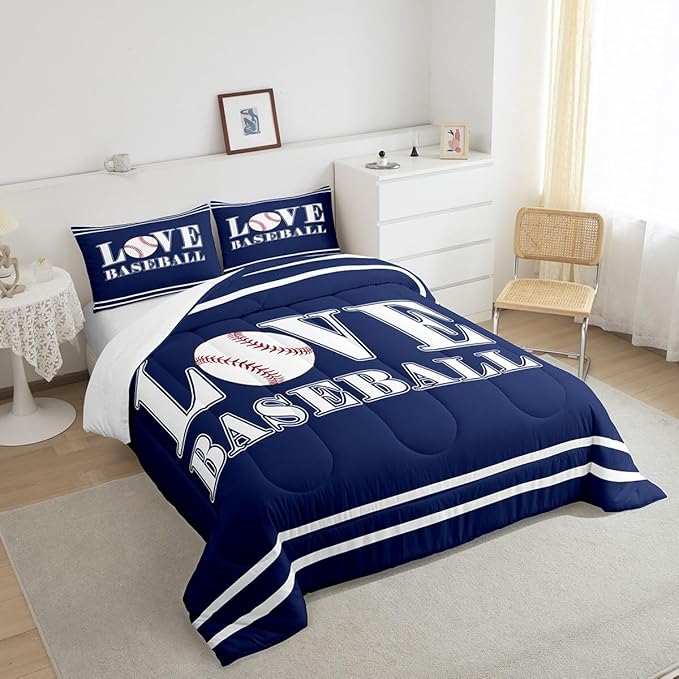 Kids Baseball Comforter Set Full Size Sports Game Bedding Set for Boys Girls Teens Bedroom Decor Baseball Gaming Comforter Gift for Baseball Lover Duvet Set with 2 Pillow Case - LeafyLoom