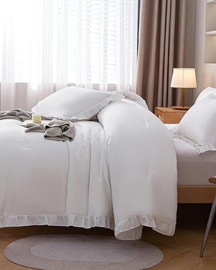 JANZAA California King Comforter Set White Comforter Ruffle 3PCS Soft Fluffy Boho Comforter Vintage Farmhouse Bed Comforter Set Shabby Chic Bedding with 2 Pillowcases for All Season - LeafyLoom