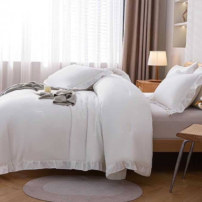 JANZAA California King Comforter Set White Comforter Ruffle 3PCS Soft Fluffy Boho Comforter Vintage Farmhouse Bed Comforter Set Shabby Chic Bedding with 2 Pillowcases for All Season - LeafyLoom