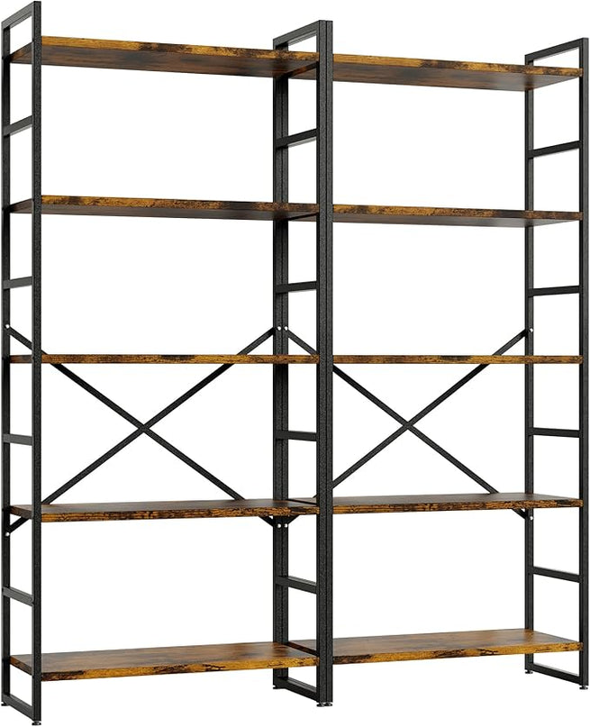 Shintenchi 2 Pieces 5 Tiers Bookshelf, Classically Tall Bookcase Shelf, Industrial Book Rack, Modern Book Holder in Bedroom/Living Room/Home/Office, Storage Rack Shelves for Books/movies-Rustic Brown - LeafyLoom