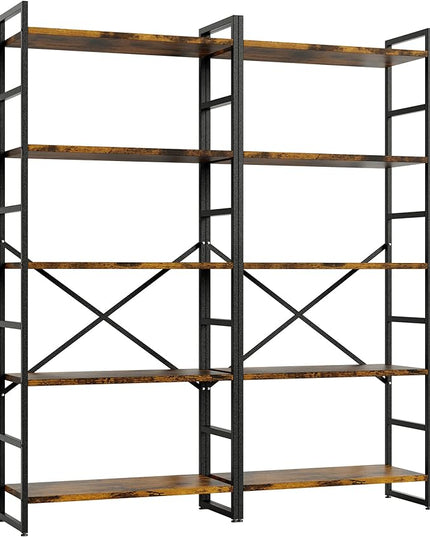 Shintenchi 2 Pieces 5 Tiers Bookshelf, Classically Tall Bookcase Shelf, Industrial Book Rack, Modern Book Holder in Bedroom/Living Room/Home/Office, Storage Rack Shelves for Books/Movies Brown - LeafyLoom