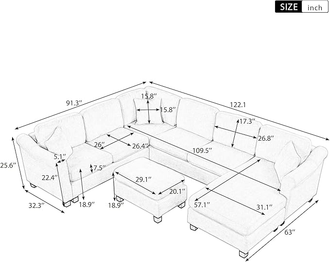 122.1" Modern U-Shape Sectional Sofa with Right Side Chaise & Removable Ottoman, Velvet Upholstered Couch w/ 3 Pillows, for Living Room, Apartment, 122.1 Inch, White - LeafyLoom