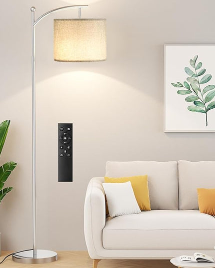 Ambimall Floor Lamp with Remote Control and Stepless Dimmable Bulb, Colors Temperature & Brightness Adjustable, Modern Floor Lamps for Living Room（Grey Shade & Silver Pole） - LeafyLoom