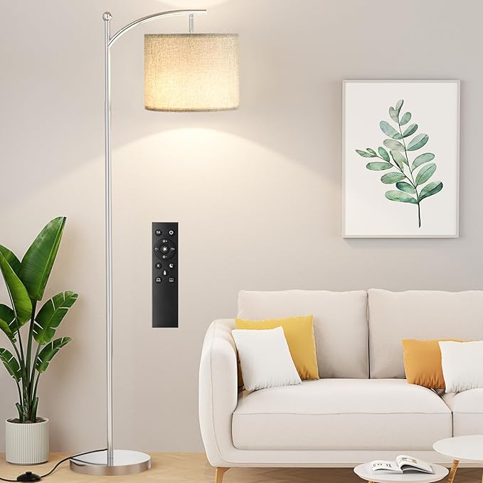 Ambimall Floor Lamp with Remote Control and Stepless Dimmable Bulb, Colors Temperature & Brightness Adjustable, Modern Floor Lamps for Living Room（Grey Shade & Silver Pole） - LeafyLoom