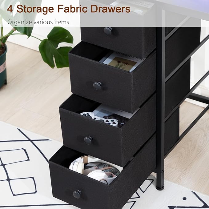 Computer Desk with LED Light & Power Outlets, 55 Inch Gaming Desk with 4 Fabric Drawers, Office Desk with Monitor Stand, Black Work Writing Desk with Hooks for Home Office, Bedroom, HGD14BK - LeafyLoom