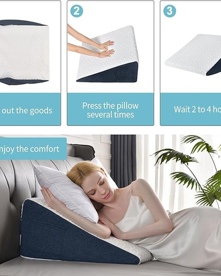 7.5" Bed Wedge Pillow with Cooling Memory Foam Top for Headboard, Triangle Pillow for Sleeping to Relieve Acid Reflux, Heartburn, Snoring and GERD, Reduce Neck and Back Pain - LeafyLoom