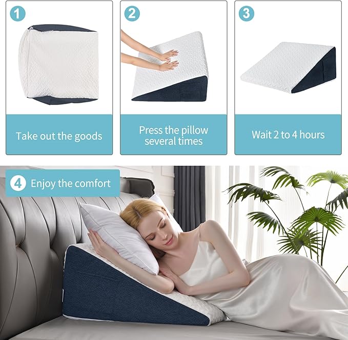 12" Bed Wedge Pillow with Cooling Memory Foam Top for Headboard, Triangle Pillow for Sleeping to Relieve Acid Reflux, Heartburn, Snoring and GERD, Reduce Neck and Back Pain - LeafyLoom