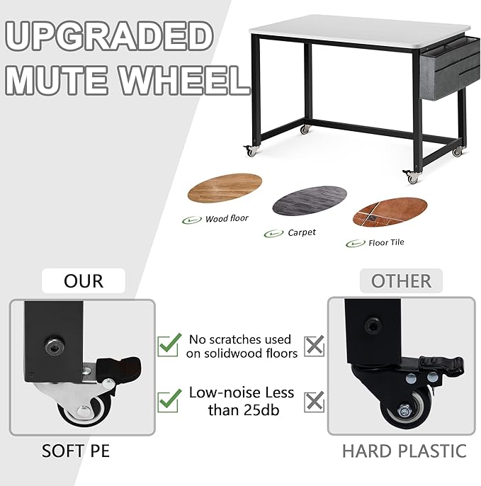 AHB 39" Rolling Computer Desk with 4 Smooth Wheels, Simple Style Mobile Writing Desk Home Office Study Table Movable Workstation with Metal Frame - LeafyLoom