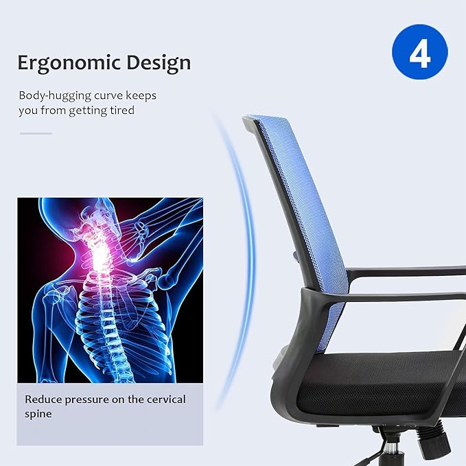 Office Chair Ergonomic Desk Task Chair Mesh Computer Chair Mid-Back Mesh Home Office Swivel Chair Modern Executive Chair with Wheels Armrests Lumbar Support (Blue) - LeafyLoom