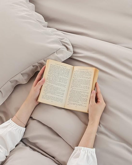 JANZAA King Size Ruffled Comforter Set Soft Vintage Farmhouse Bed Set Shabby Fluffy 3PCS Bedding (1 Oatmeal Comforter Set and 2 Pillowcases) - LeafyLoom
