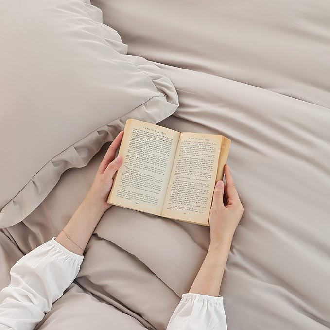 JANZAA King Size Ruffled Comforter Set Soft Vintage Farmhouse Bed Set Shabby Fluffy 3PCS Bedding (1 Oatmeal Comforter Set and 2 Pillowcases) - LeafyLoom