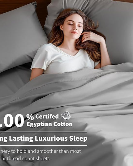 Shilucheng 100% Cotton Sheets Set - 600 Thread Count，Luxury Egyptian Cotton Bed Sheets，5-Star Hotel Quality Sheets, Breathable & Cooling, 16 Inch Deep Pocket - 4 Piece (Grey, California King) - LeafyLoom