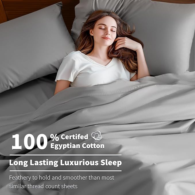 Shilucheng 100% Cotton Sheets Set - 600 Thread Count，Luxury Egyptian Cotton Bed Sheets，5-Star Hotel Quality Sheets, Breathable & Cooling, 16 Inch Deep Pocket - 4 Piece (Grey, California King) - LeafyLoom