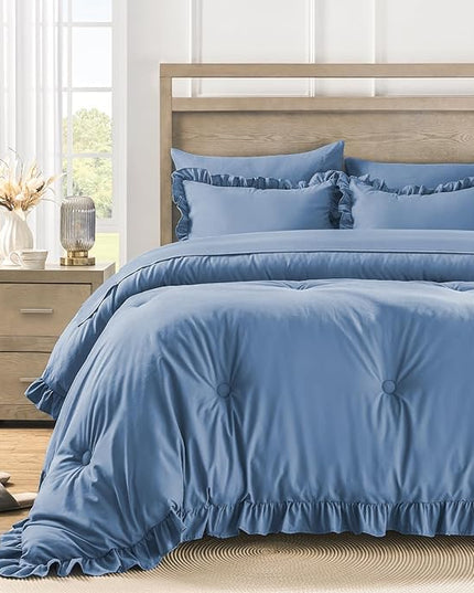 King Size Bed in a Bag 7 Pieces King Size Comforter Set, Ruffle Shabby Chic Bedding Comforter Set Blue Bed Set with Comforter, Pillowcases, Flat Sheet, Fitted Sheet and Pillow Shams - LeafyLoom