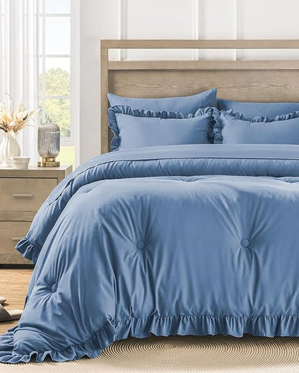 California King Bed in a Bag 7 Pieces Cal King Comforter Set, Ruffle Shabby Chic Bedding Comforter Set Blue Bed Set with Comforter, Pillowcases, Flat Sheet, Fitted Sheet and Pillow Shams - LeafyLoom