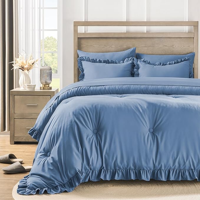 California King Bed in a Bag 7 Pieces Cal King Comforter Set, Ruffle Shabby Chic Bedding Comforter Set Blue Bed Set with Comforter, Pillowcases, Flat Sheet, Fitted Sheet and Pillow Shams - LeafyLoom