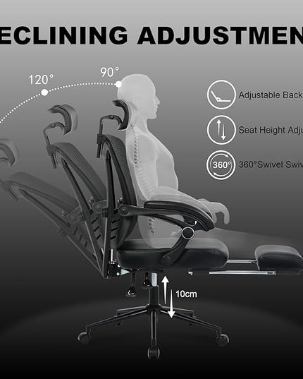 Vonesse Ergonomic Office Chair with Headrest Computer Mesh Office Chair with Footrest Big and Tall Office Chair Adjustable Swivel Rolling High Back Reclining Home Office Desk Chair Black - LeafyLoom