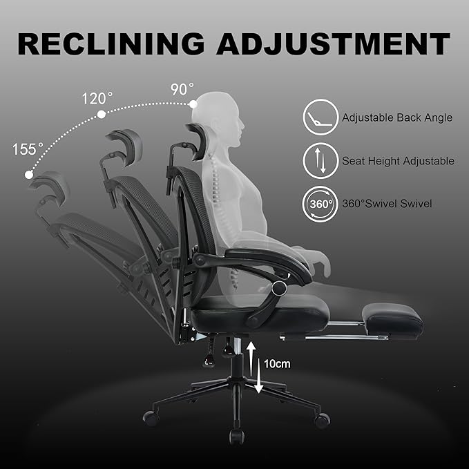 Vonesse Ergonomic Office Chair with Headrest Computer Mesh Office Chair with Footrest Big and Tall Office Chair Adjustable Swivel Rolling High Back Reclining Home Office Desk Chair Black - LeafyLoom