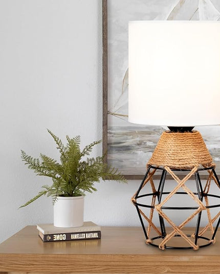 Hamilyeah Boho Lamp, Woven Table Lamp for Nightstand with On/Off Switch, Bedroom Lamp with White Fabric Shade, Simple Lamp for Bedside, Living Room - LeafyLoom