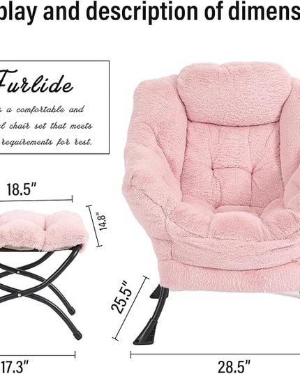 Lazy Chair with Ottoman, Modern Chair with Folding Footrest, Lounge Accent Chair, Comfortable Reading Chair, Oversized Armchairs for Bedroom, Study, Living Room(Plush Pink) - LeafyLoom