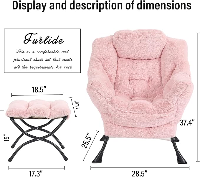 Lazy Chair with Ottoman, Modern Chair with Folding Footrest, Lounge Accent Chair, Comfortable Reading Chair, Oversized Armchairs for Bedroom, Study, Living Room(Plush Pink) - LeafyLoom