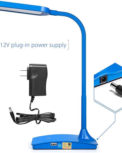 Blue Desk Lamps for Home Office - Super Bright Small Desk Lamp with USB Charging Port, a Perfect LED Desk Light as Study Lamp, Bedside Reading Lights - LeafyLoom