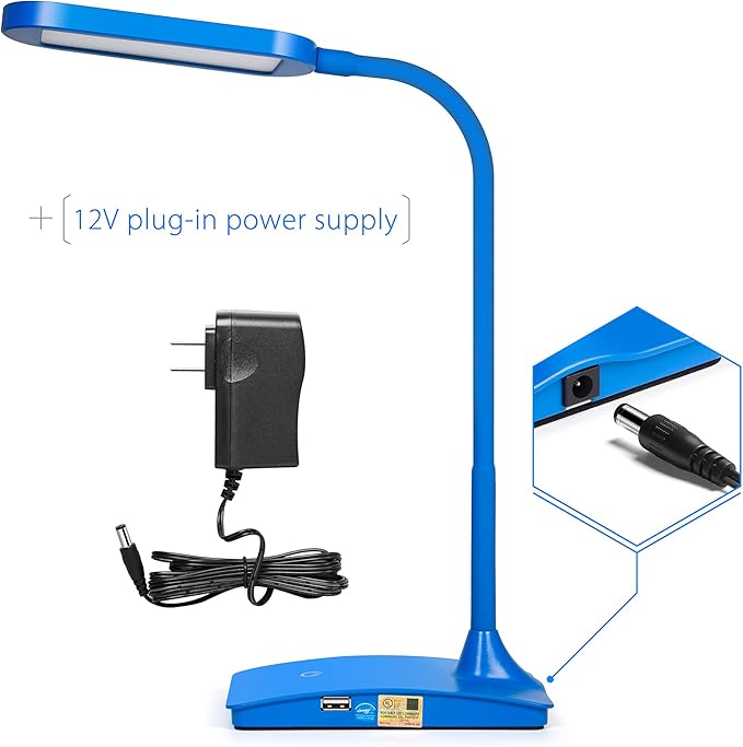 Blue Desk Lamps for Home Office - Super Bright Small Desk Lamp with USB Charging Port, a Perfect LED Desk Light as Study Lamp, Bedside Reading Lights - LeafyLoom