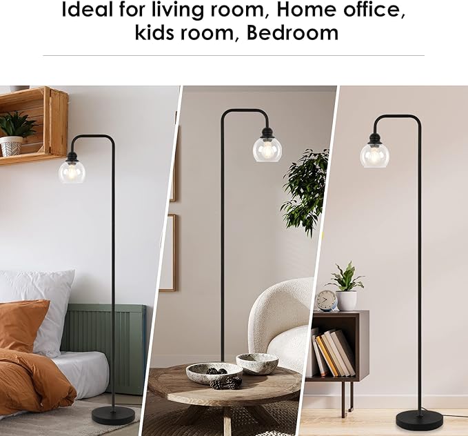 Modern Floor Lamps for Living Room with 6W LED Bulb, Industrial Floor Lamp, Clear Glass, Black Classic Reading Tall Lamp for Home Office, Standing Lamps for Bedroom, Study, Minimalist, Vintage - LeafyLoom