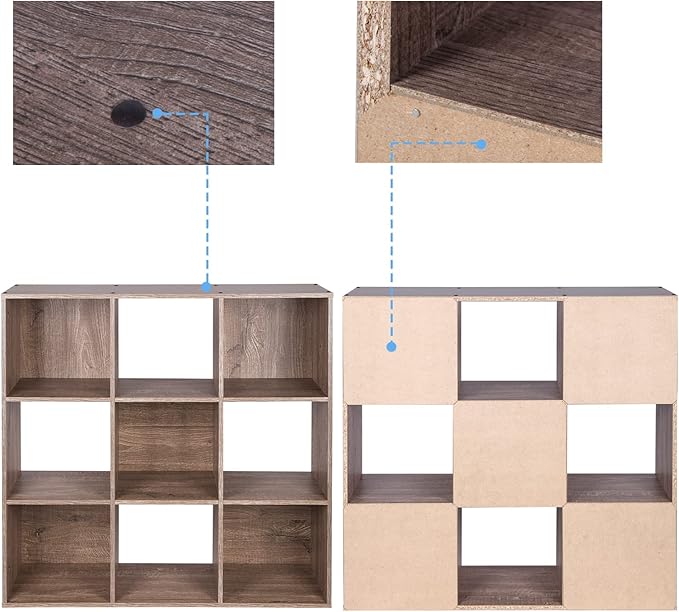 PACHIRA US 9 Cube Storage Organizer, Wood Display Shelf, Free Standing Cubby Bookcase Cabinet Divider Bookshelf for 11 Inch Storage Basket, Rustic Brown Oak - LeafyLoom