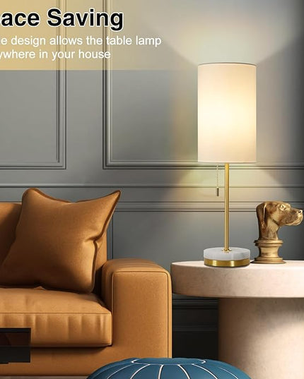 Luvkczc Minimalist Table Lamp Set of 2, Nightstand Lamp for Bedroom Living Room, Modern Pull Chain Bedside Lamp with Marble Base, Fabric Shade, Small Desk Lamp for Home, Office, Reading,Gold - LeafyLoom