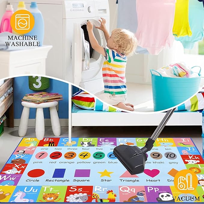 HEBE Kids Play Rug 3'4"x5' ABC Alphabet Numbers Shapes Educational Kid Area Rug Washable Baby Crawling Mat Non Slip Kid Play Mat Carpet for Girl Boy Bedroom Playroom - LeafyLoom