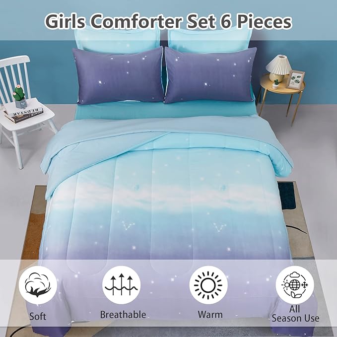 Girls Comforter Set Twin XL Size 6 Pieces Colorful Ombre Blue Purple Rainbow Bedding Set Bed in A Bag for Kids Teen Girls (1 Comforter, 1 Flat Sheet, 1 Fitted Sheet, 1 Pillow sham, 2 Pillowcases) - LeafyLoom