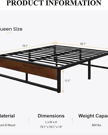 SHA CERLIN 14'' Queen Size Metal Platform Bed Frame with Rustic Wood & Reverse Holes/Ample Under-Bed Storage Space/Mattress Foundation/No Box Spring Needed/Easy Assembly - LeafyLoom