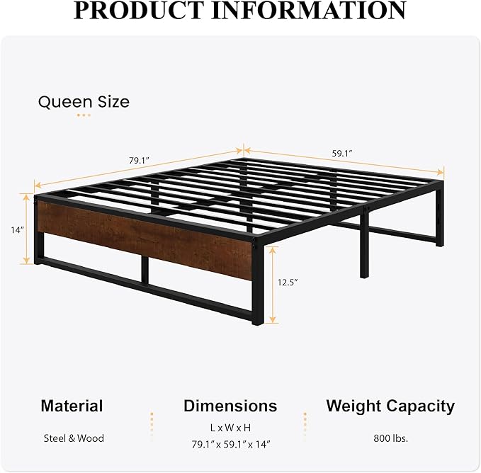 SHA CERLIN 14'' Queen Size Metal Platform Bed Frame with Rustic Wood & Reverse Holes/Ample Under-Bed Storage Space/Mattress Foundation/No Box Spring Needed/Easy Assembly - LeafyLoom