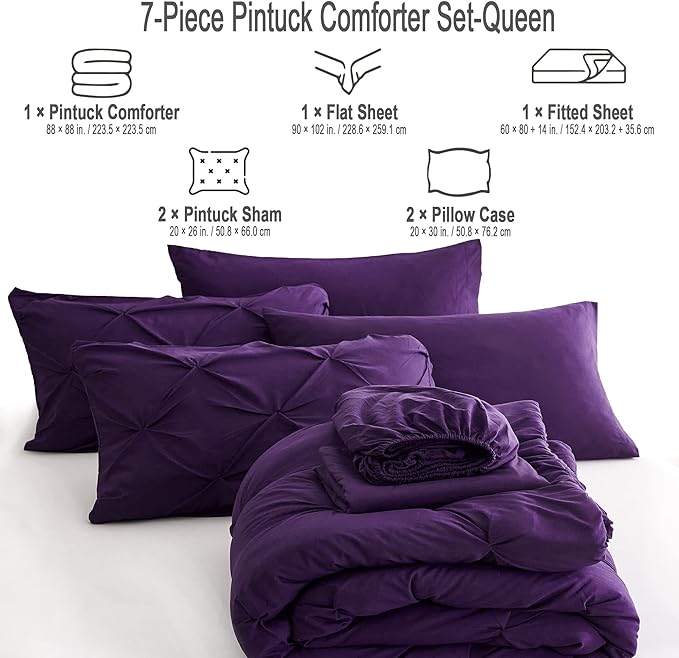 Ubauba 7pc Purple Comforter Set Queen Size with Sheets, Pintuck 7 Piece Bedding Comforters Bed in a Bag for All Season, Pinched Pleat Bed Set with Comforter (Purple,Queen) - LeafyLoom
