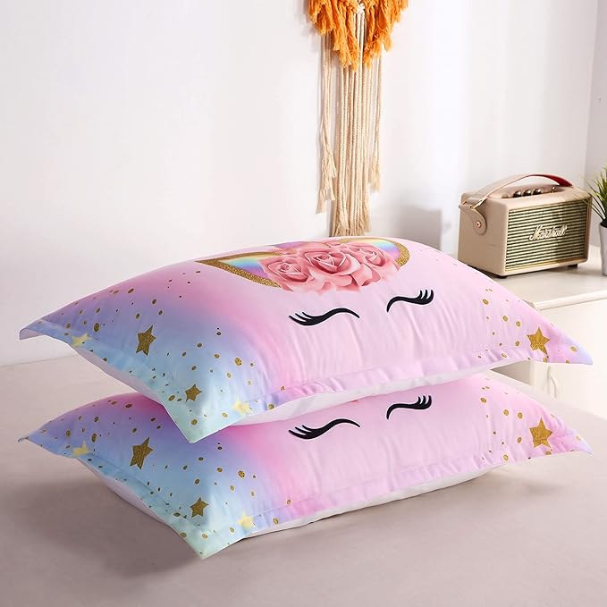 Unicorn Comforter Set Rainbow Soft Girls Unicorn Bedding with 1 Comforter 2 Pillowcases Pink Flower Unicorn Bedding Sets for Girls Twin Size - LeafyLoom