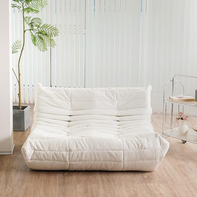 N&V Fireside Loveseat, Mid Century Armless Twin Size Floor Sofa, Soft Premium Corduroy Floor Lounge Chair, Foam Sofa Accent Chair for Living Room Bedroom and Office, Ivory - LeafyLoom