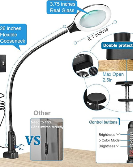 26" Gooseneck Magnifying Lamp with Clamp, 5 Color Modes Stepless Dimmable LED Desk Light with Magnifying Glass, 10X Real Glass Lighted Magnifier Hands Free for Painting Close Work Craft Hobby - LeafyLoom