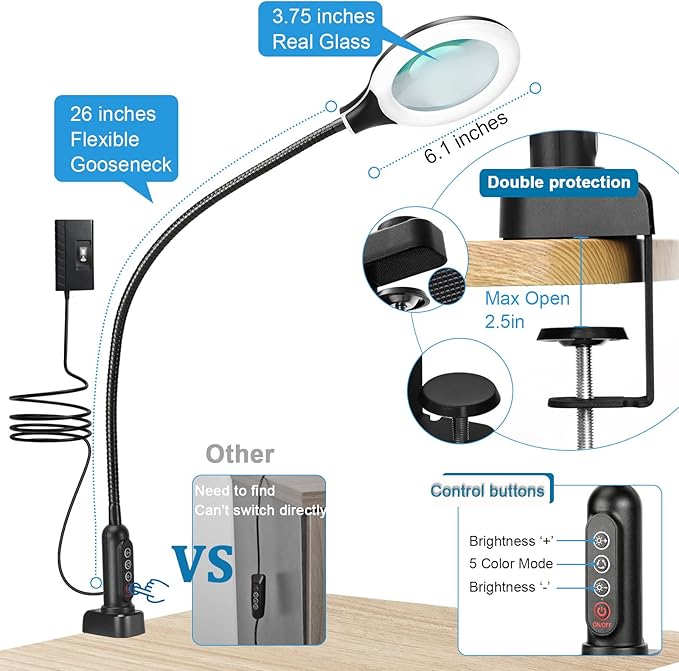 26" Gooseneck Magnifying Lamp with Clamp, 5 Color Modes Stepless Dimmable LED Desk Light with Magnifying Glass, 10X Real Glass Lighted Magnifier Hands Free for Painting Close Work Craft Hobby - LeafyLoom