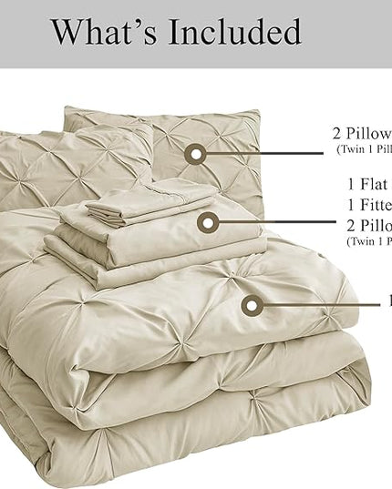 Lane Linen Full Size Bedding Comforter Sets, 7 Piece Bed in a Bag Full Size, Soft Full Size Bedding Set, Pintuck Bed Comforter Full Size Set, Full Size Bed Set with Sheets, Pillowcases & Shams - Linen - LeafyLoom