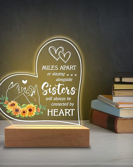 Acrylic Night Light Gifts for Sister - Sisters Will Always be Connected by Hearts - Thoughtful Sister Gifts from Sister, Brother - Birthday Gifts for Sister from Brother, Sister - LeafyLoom