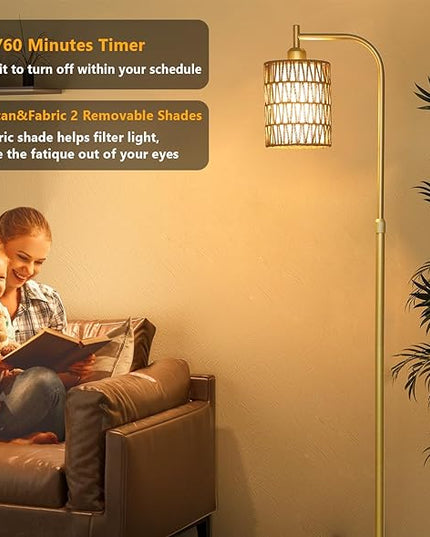 Modern Gold Floor Lamps for Living Room, Boho Rattan Floor Lamp with Remote & Dimmable LED Bulb, Farmhouse Standing Lamp with Rattan Shades, Minimalist Tall Pole Lamp for Bedroom Office - LeafyLoom
