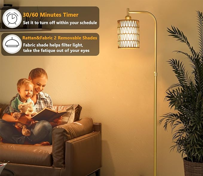 Modern Gold Floor Lamps for Living Room, Boho Rattan Floor Lamp with Remote & Dimmable LED Bulb, Farmhouse Standing Lamp with Rattan Shades, Minimalist Tall Pole Lamp for Bedroom Office - LeafyLoom