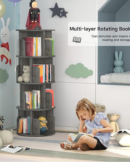 Aheaplus Rotating Bookshelf, 360 Display Corner Bookshelf for Small Space, 4 Tier Floor Standing Bookcase Storage Rack, Wood Narrow Book Shelf Organizer for Bedroom, Living Room, Study Room, Grey Oak - LeafyLoom