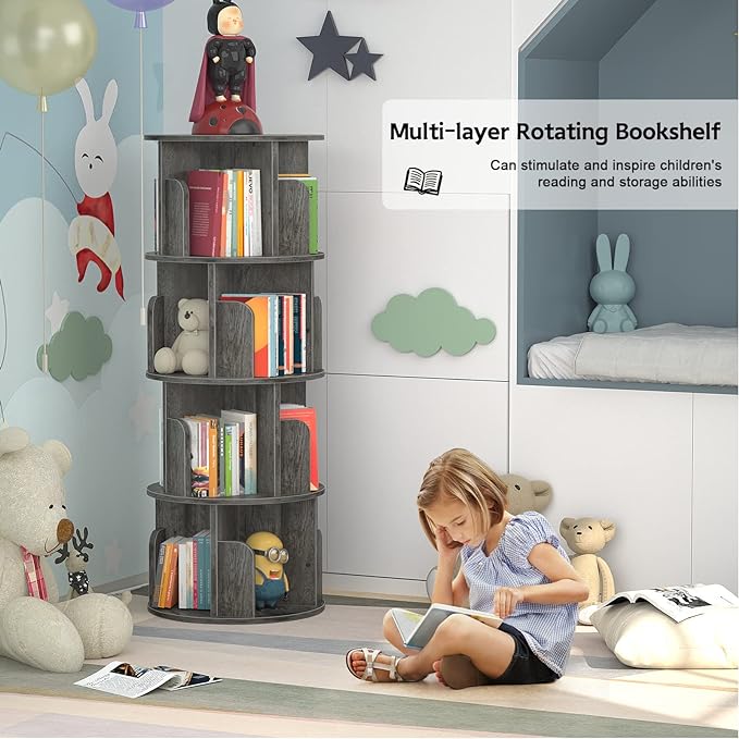 Aheaplus Rotating Bookshelf, 360 Display Corner Bookshelf for Small Space, 4 Tier Floor Standing Bookcase Storage Rack, Wood Narrow Book Shelf Organizer for Bedroom, Living Room, Study Room, Grey Oak - LeafyLoom