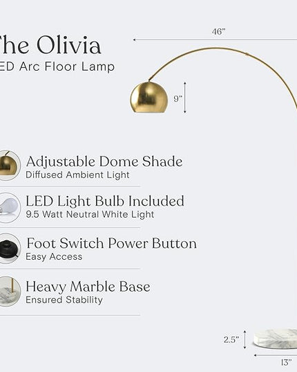 Brightech Olivia Floor Lamp, Arc Lamp for Living Rooms, Standing Lamp with LED Light Bulbs for Bedroom Reading, Great Living Room Décor, Tall Lamp for Offices – Brass/Gold - LeafyLoom