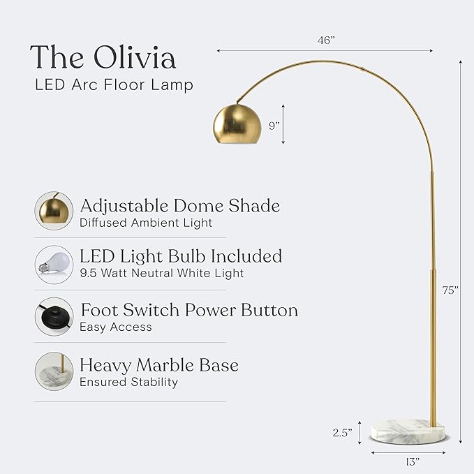 Brightech Olivia Floor Lamp, Arc Lamp for Living Rooms, Standing Lamp with LED Light Bulbs for Bedroom Reading, Great Living Room Décor, Tall Lamp for Offices – Brass/Gold - LeafyLoom