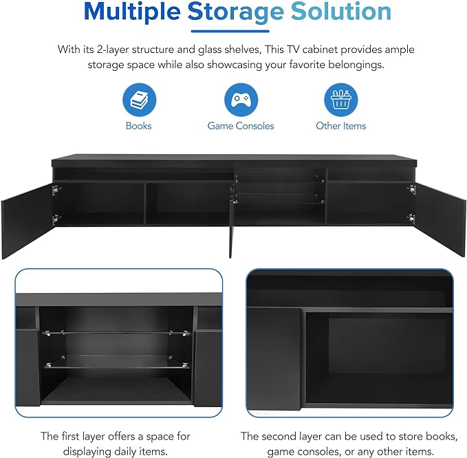 NicBex TV Stand for 100 Inch TV LED Gaming Entertainment Center Media Storage Console Table with 2 Glass Shelves and LED Color Changing Lights for Living Room,Bedroom,94.50 Inch,Black - LeafyLoom